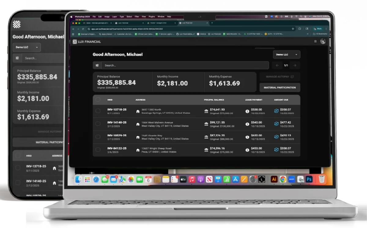 Lux Financial investor portal dashboard showing real-time ROI on a laptop